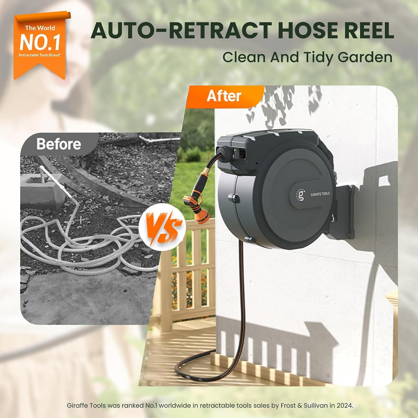 Giraffe Tools Retractable Garden Hose Reel 1/2 Inch x 130 ft, Super Heavy Duty, Any Length Lock, Slow Return System, Wall Mounted and 180 Deg Swivel Bracket