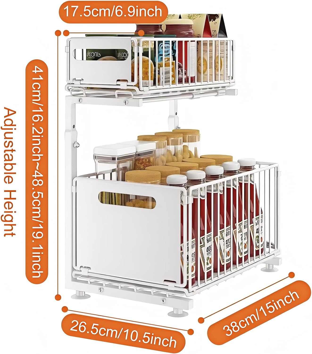 Under Sink Organizer, 2-Tier Multi-Use Kitchen and Bathroom Organizers and Storage, Slide Out Thickened Metal Under The Sink Organizer for Kitchen Bathroom Pantry (Style A White, 1 Pack)
