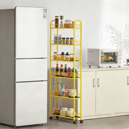 10in 6-Tier Slim Storage Cart with Wheels, Metal 10in Wide Black Narrow Rolling Shelf, Sturdy Slim Storage with Hooks Ideal for Kitchen, Bathroom, and Laundry Room