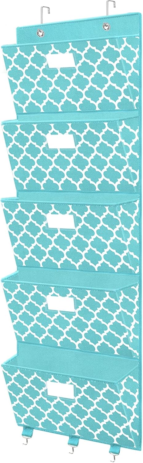 homyfort Over the Door File Organizer, Wall Hanging File Folders with 5 Large Pocket for Mails, Magazines, Back to School Supplies,Office Chart Storage, Paper Organization (Grey)