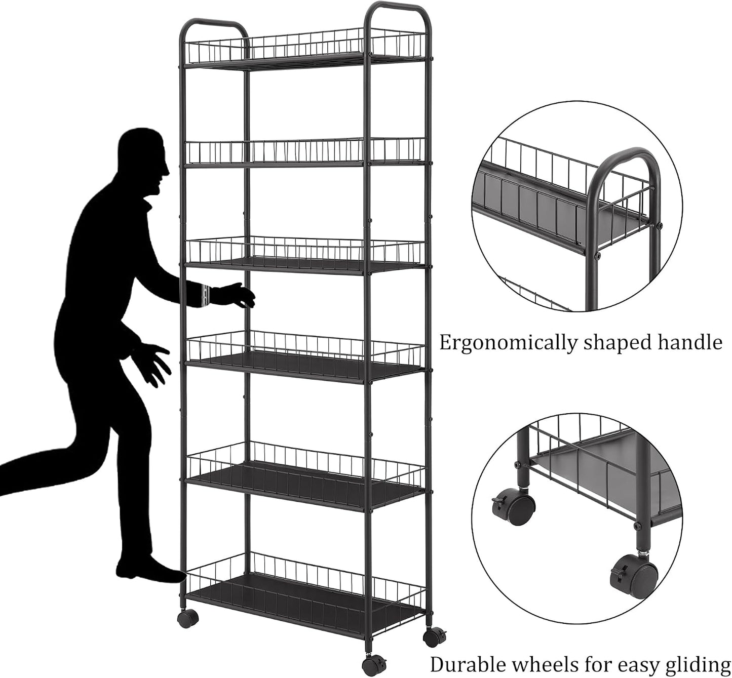 6-Tier Storage Cart Wire Slim Shelving Shelf with Wheels for Small Spaces, Rolling Tall Organizer Storage for Bathroom, Kitchen, Home, Garage, Bedroom, Closet (Black, 10“D)