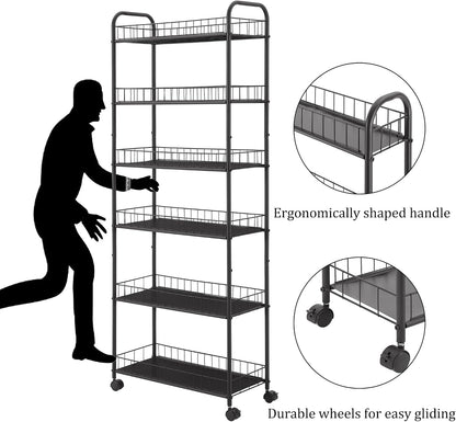6-Tier Storage Cart Wire Slim Shelving Shelf with Wheels for Small Spaces, Rolling Tall Organizer Storage for Bathroom, Kitchen, Home, Garage, Bedroom, Closet (Black, 10“D)