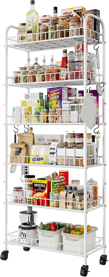 Slim Rolling Storage Cart with Wheels, Metal 6 Tier Spice Rack Mobile Shelving Unit Organizer Kitchen Utility Cart for Office Bathroom Kitchen Laundry Room Narrow Places (6inches)