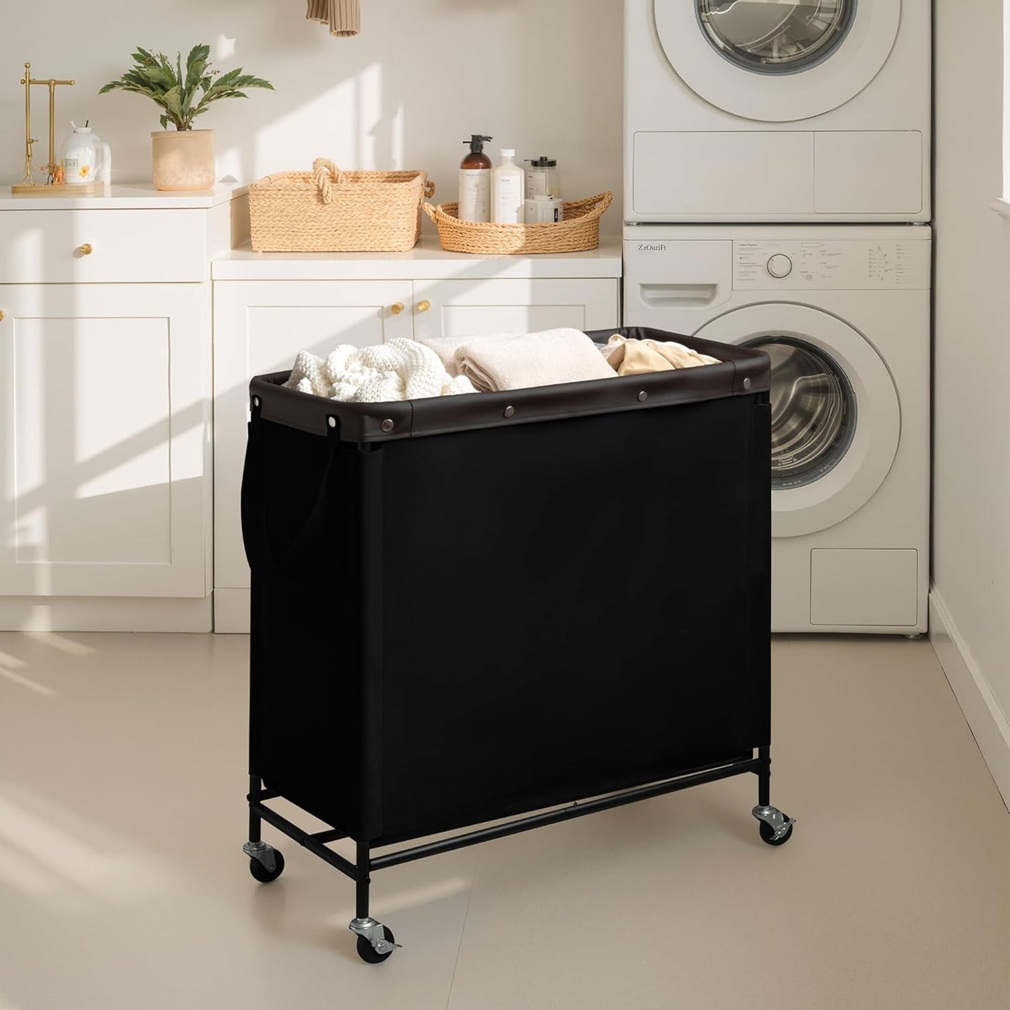 StorageWorks 3 Section Laundry Hamper, Rolling Laundry Cart with Wheels and Handles, Laundry Room Double Sorter for Organizer and Storage, 31.7 Gal(120L), Beige