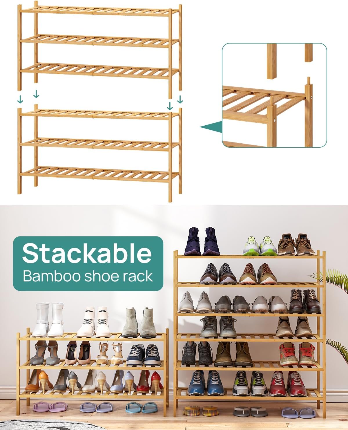 viewcare 3-Tier Black Bamboo Shoe Rack for Entryway, Stackable | Foldable | Natural, Shoe Shelf Storage Organizer for Hallway Closet, Free Standing Shoe Racks for Indoor Outdoor