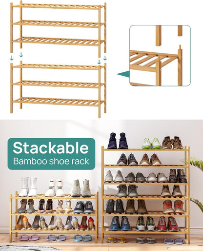 viewcare 3-Tier Black Bamboo Shoe Rack for Entryway, Stackable | Foldable | Natural, Shoe Shelf Storage Organizer for Hallway Closet, Free Standing Shoe Racks for Indoor Outdoor