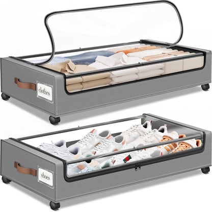 SpaceHacks Under Bed Storage with Wheels 2Pack Storage Containers with Clear Window&Label Under Bed Drawers Rolling Under Bed Storage for Clothes,Shoes, Blankets (30.71 x 16.93 x 6.69 in, Dark Grey)