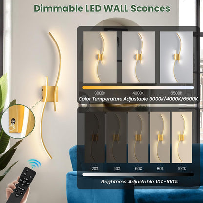 CANEOE Battery Operated Wall Sconce Set of 2, 18000mAh Gold Rechargeable Wall Lights with Remote Control,3000K-6000K Dimmable LED Wireless Wall Light for Living Room Bedroom Hallway,39.3 Inch (Gold)