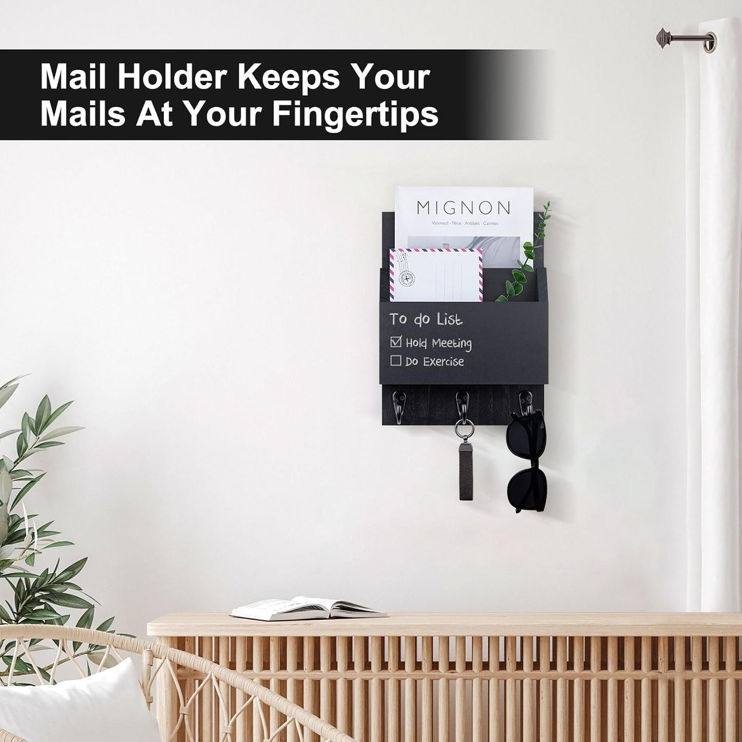 Key and Mail Holder for Wall Mount, Entryway Mail Holder with 2 Slot, Key Holder with 3 Sturdy Hooks for Coat, Dog Leash, Decorative Key Rack (8.86”W x 11.42”H x 3”D) (Black)