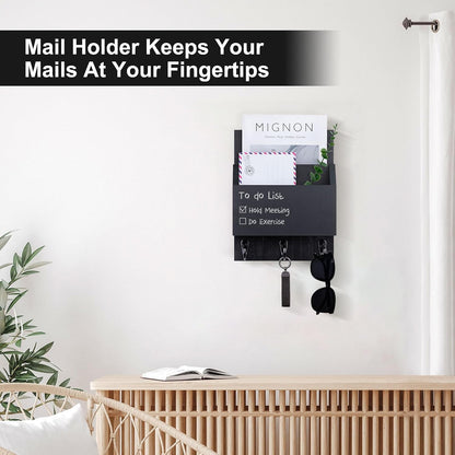 Key and Mail Holder for Wall Mount, Entryway Mail Holder with 2 Slot, Key Holder with 3 Sturdy Hooks for Coat, Dog Leash, Decorative Key Rack (8.86”W x 11.42”H x 3”D) (Black)