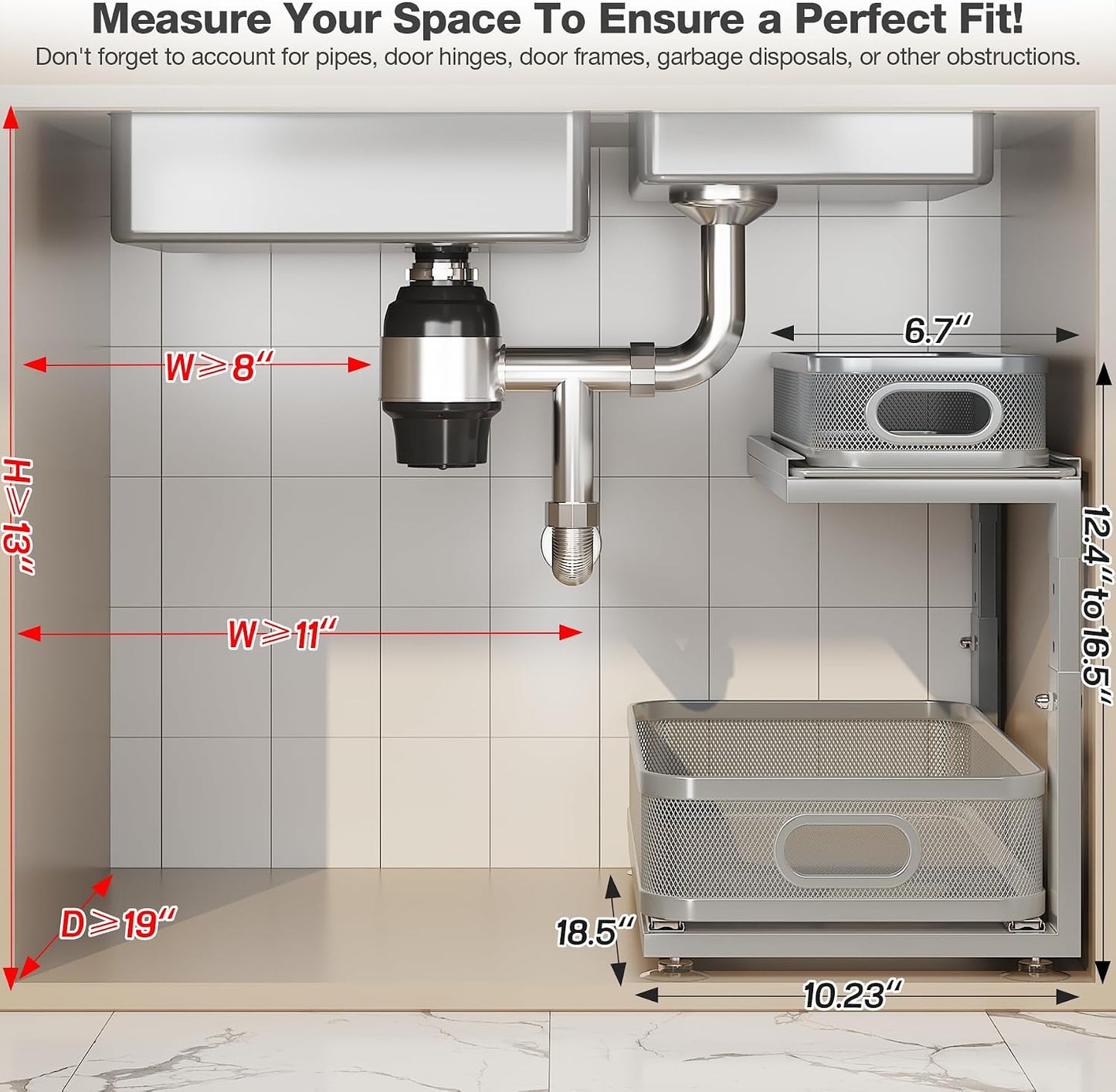 2 Pack 18.5IN-Depth Under Sink Organizer With Next-Gen Ball-Bearing Slides,2-Tier Precision Mesh Pull Out Cabinet Storage for Bathroom&Kitchen,Height Adjustable Drawers Shelf,Anti-rust-White