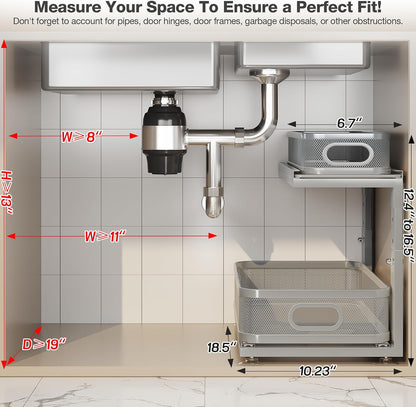 2 Pack 18.5IN-Depth Under Sink Organizer With Next-Gen Ball-Bearing Slides,2-Tier Precision Mesh Pull Out Cabinet Storage for Bathroom&Kitchen,Height Adjustable Drawers Shelf,Anti-rust-White