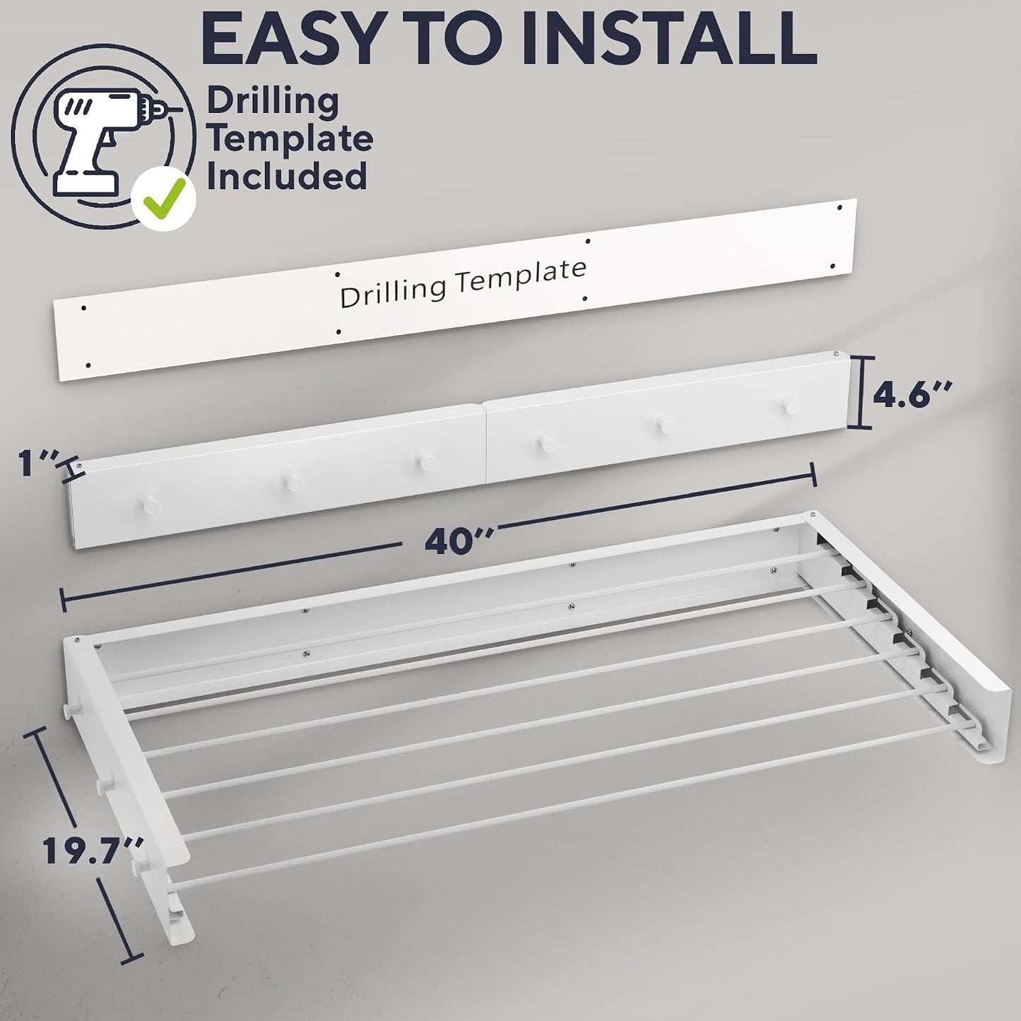 Delfori Foldable Wall Mounted Drying Rack 40 inch - Easy to Install Hanging Rack for Laundry Room - Space Saving Design with 66-lb Capacity - Perfect Drying Racks for Clothes Towels & More