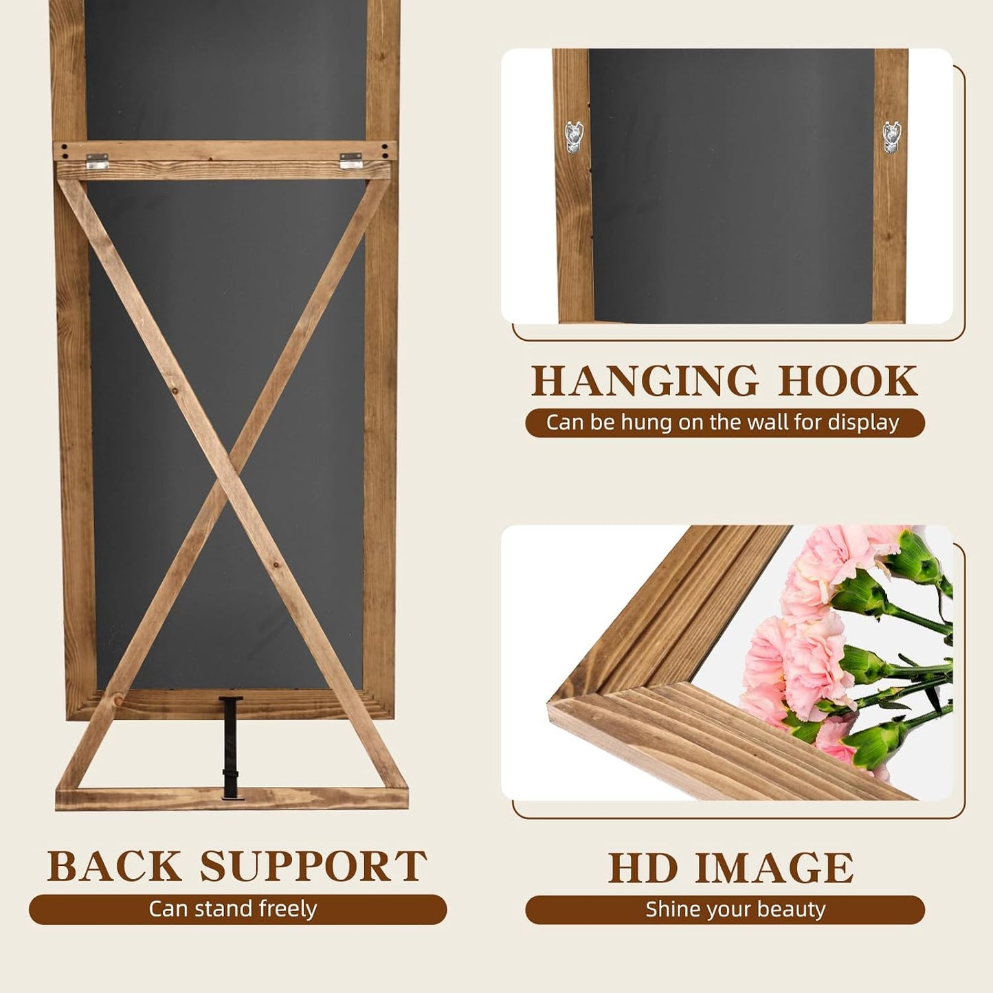 Full Length Mirror 65"x22" with Stand Solid Wood Frame Floor Large Mirror for Living Room, Bedroom Hanging Standing or Leaning Wall-Mounted, New Black