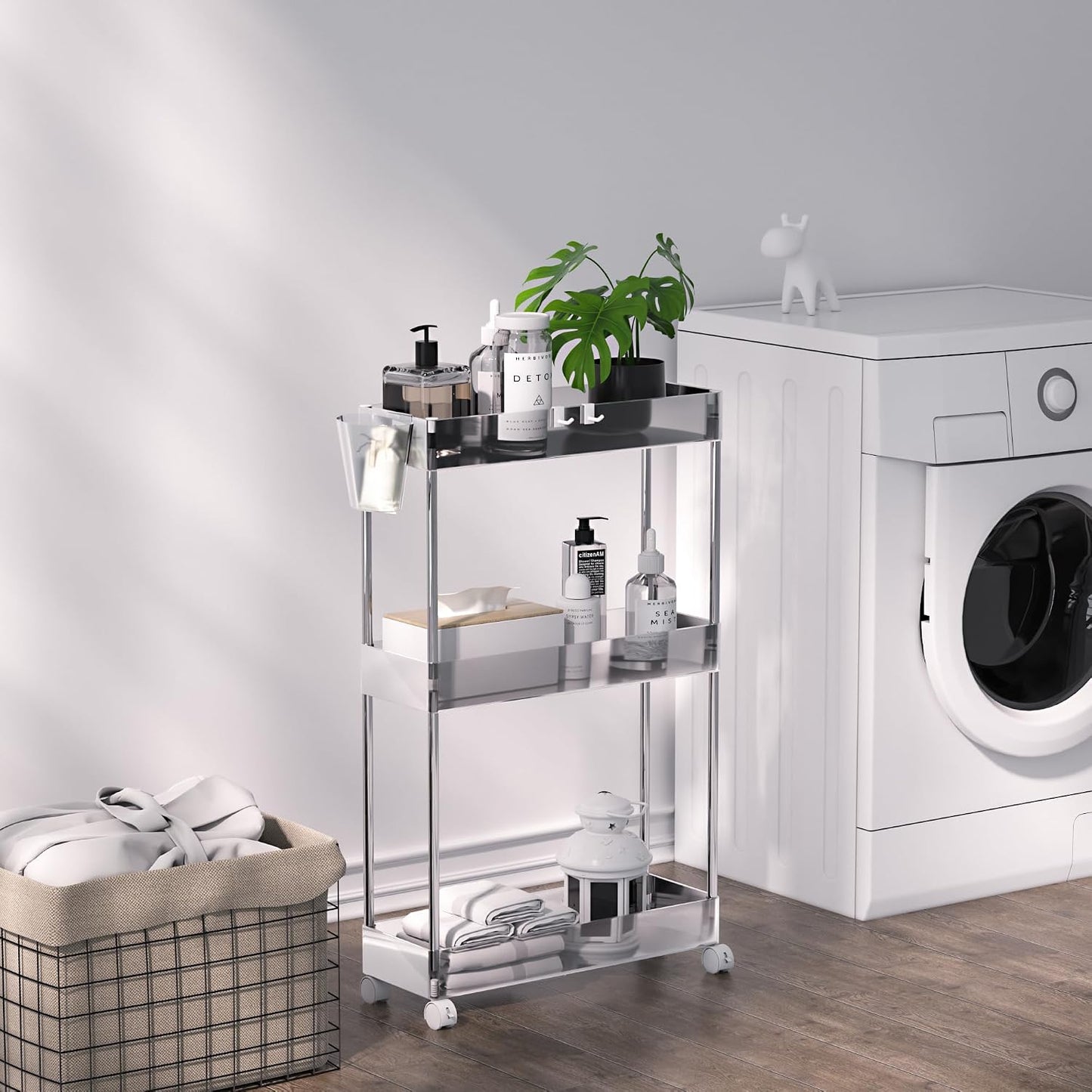 VECELO Storage Rolling Cart, 4 Tier Utility Cart Kitchen Slim Mobile Storage Unit Organizers with Wheels Hooks&Hanging Cups for Bedroom Bathroom Office Table Side in Narrow Places, White