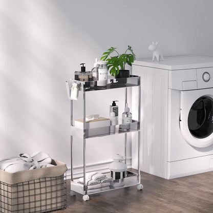 VECELO Storage Rolling Cart, 4 Tier Utility Cart Kitchen Slim Mobile Storage Unit Organizers with Wheels Hooks&Hanging Cups for Bedroom Bathroom Office Table Side in Narrow Places, White