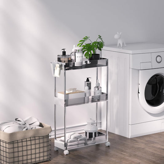 VECELO Storage Rolling Cart, 4 Tier Utility Cart Kitchen Slim Mobile Storage Unit Organizers with Wheels Hooks&Hanging Cups for Bedroom Bathroom Office Table Side in Narrow Places, White