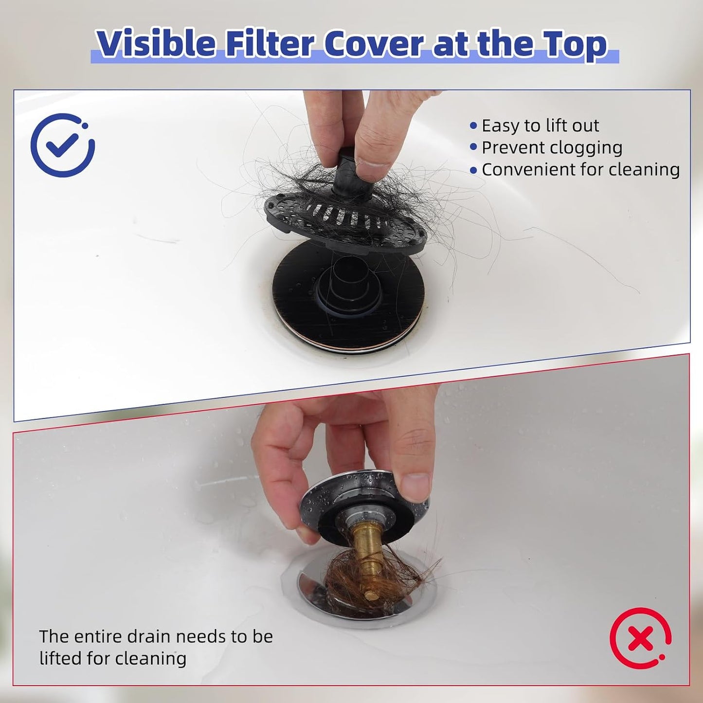 Universal Bathtub Drain Stopper Shower Drain Hair Catcher, Tub Stopper with Visible Top Strainer, Upgraded 3 in 1 Pop-up Drain Plug Fit for 1.5 to 2.4" Hole, Stainless Steel Filter Basket, Chrome