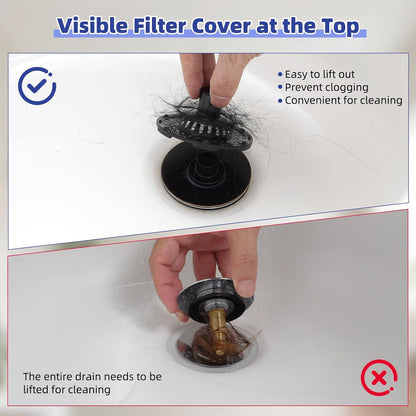 Universal Bathtub Drain Stopper Shower Drain Hair Catcher, Tub Stopper with Visible Top Strainer, Upgraded 3 in 1 Pop-up Drain Plug Fit for 1.5 to 2.4" Hole, Stainless Steel Filter Basket, Chrome