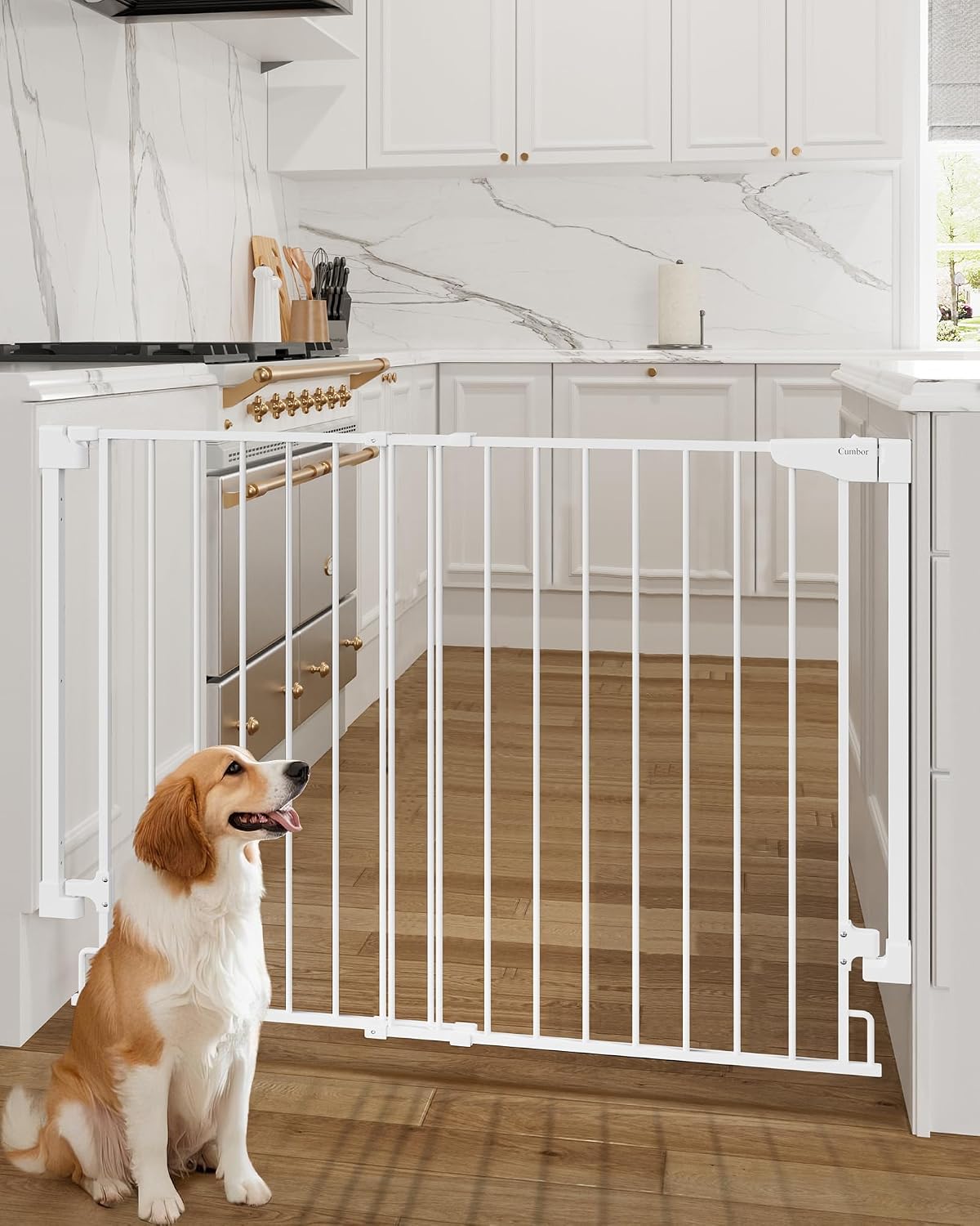Cumbor 29.2–43" Baby Gate for Stairs, Hardware Mounted (Drill Required), Expandable No Bottom Bar Dog Gate, Auto Close Extra Wide Walk Thru, Pet & Toddler Proof Gate, Top & Bottom of Stairways (White)
