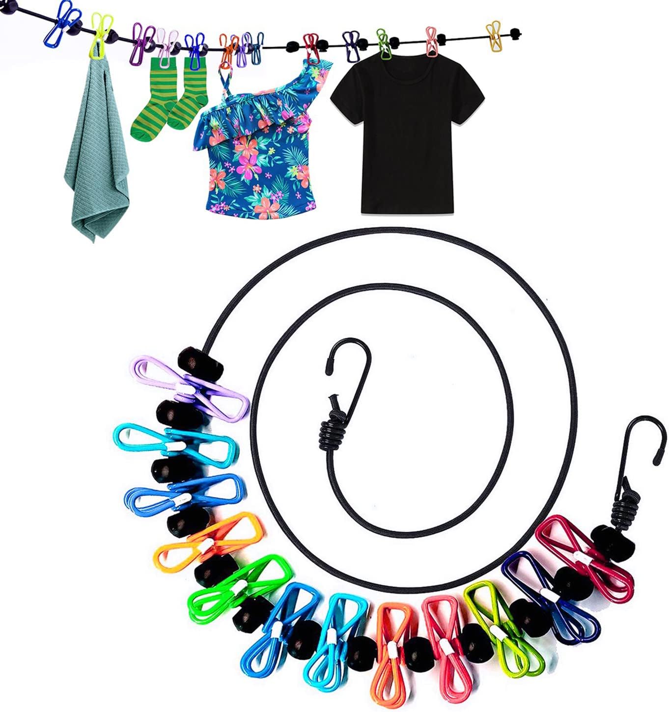 2 Pack Portable Clothesline with 12 Clothespins, Windproof Travel Stretchy Retractable Elastic Laundry Clothes Line for Backyard, Vacation Hotel, Balcony Drying