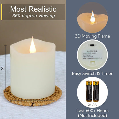 TECHLONG Flameless Candles Battery Operated with Remote Timer, 3D Moving Flame Flickering, Last 600+ Hours Battery Candles, 3" x 3" Ivory Real Wax Electric LED Candle for Wedding Party, Set of 2