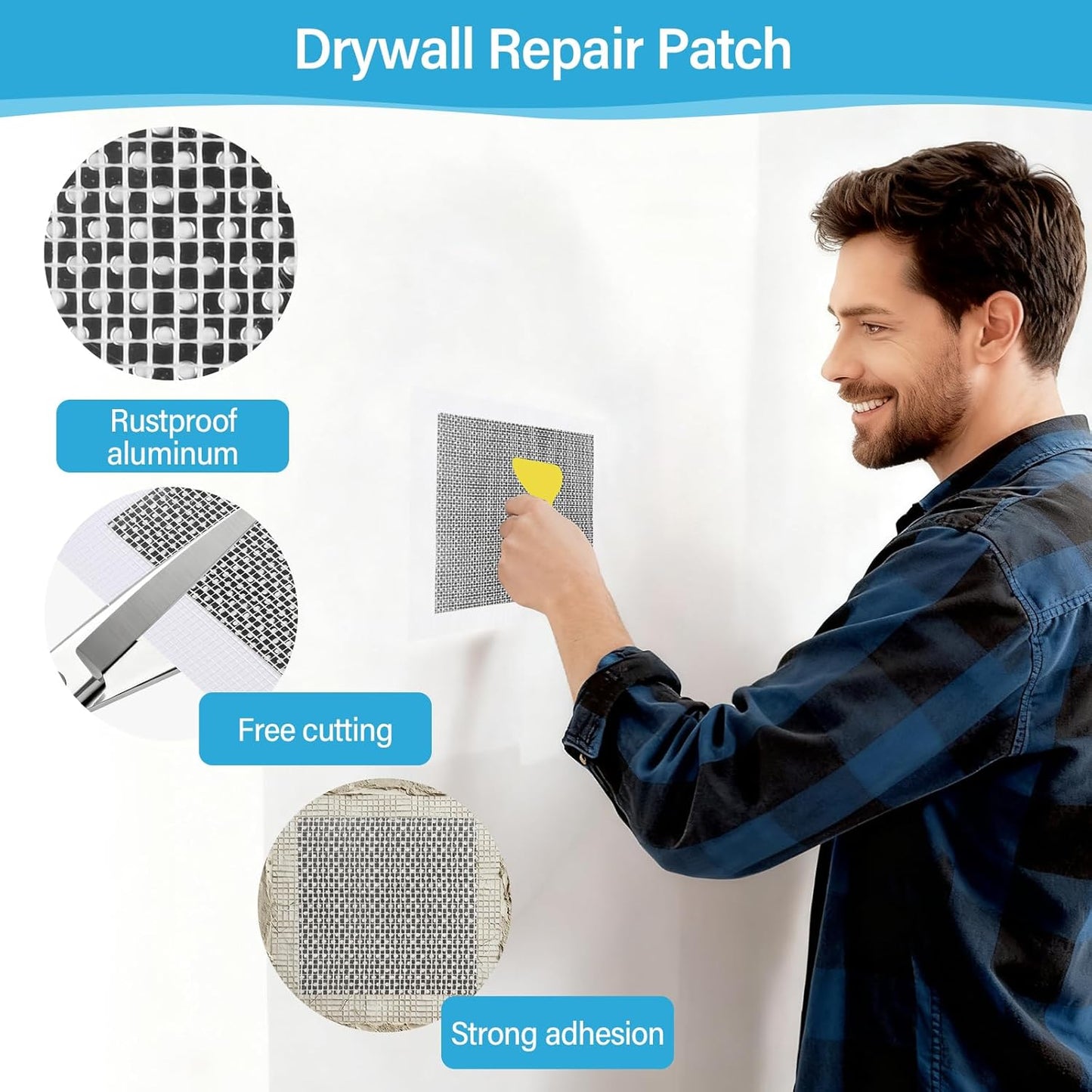 25 Pcs Drywall Repair Kit - 20 Self-Adhesive Mesh Patches for Walls (2/4/6/8 Inch), 2 Scrapers, 2 Sandpapers, 1 Gloves, Heavy Duty Large Hole Patch Repair for Drywall & Wall Holes