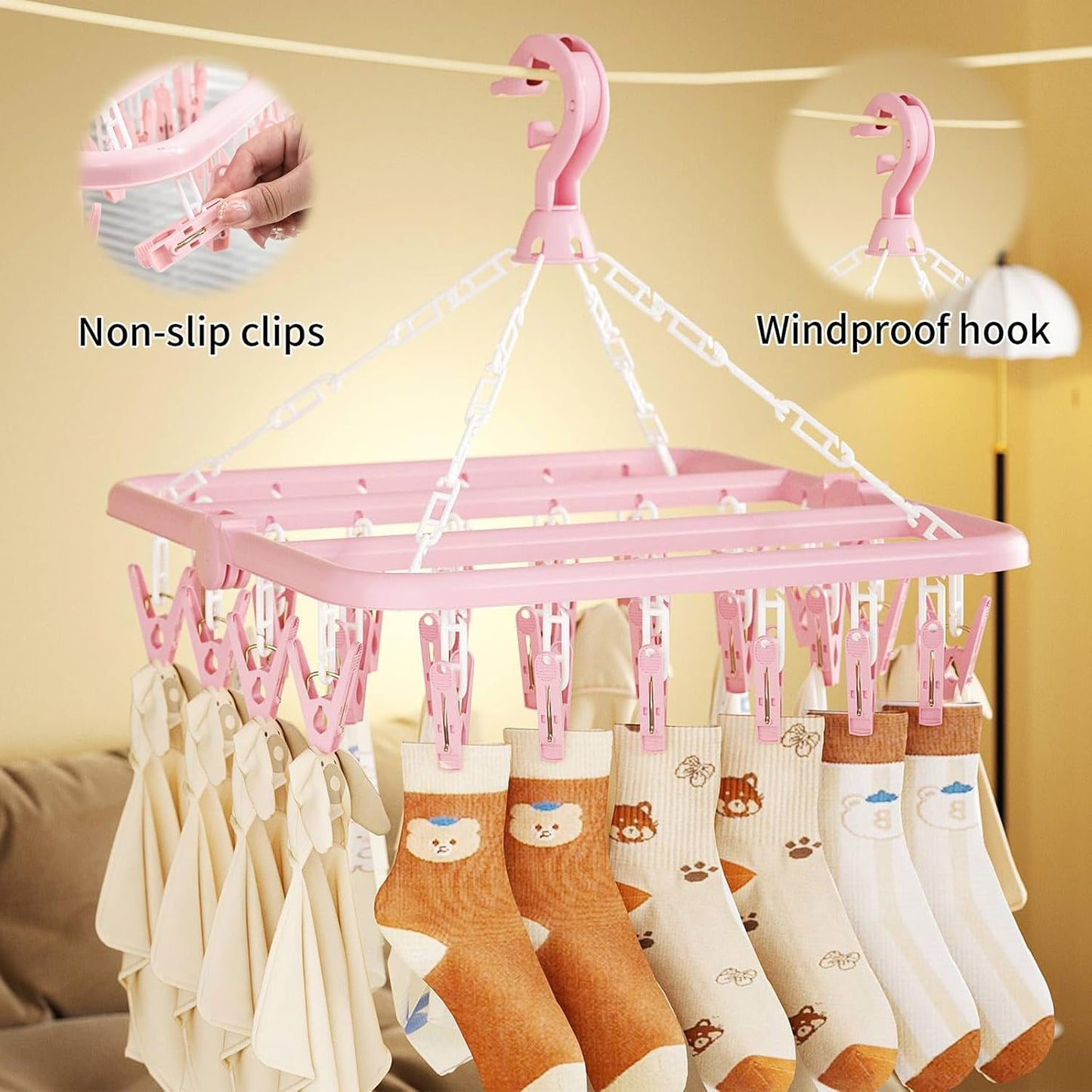 Laundry Drying Rack with 32 Hanger Clips, Foldable Clip Hangers for Drying Socks, Underwear & Towels, Portable Clothes Rack, 360° Rotatable Hook Plastic Baby Hangers (Light Blue)