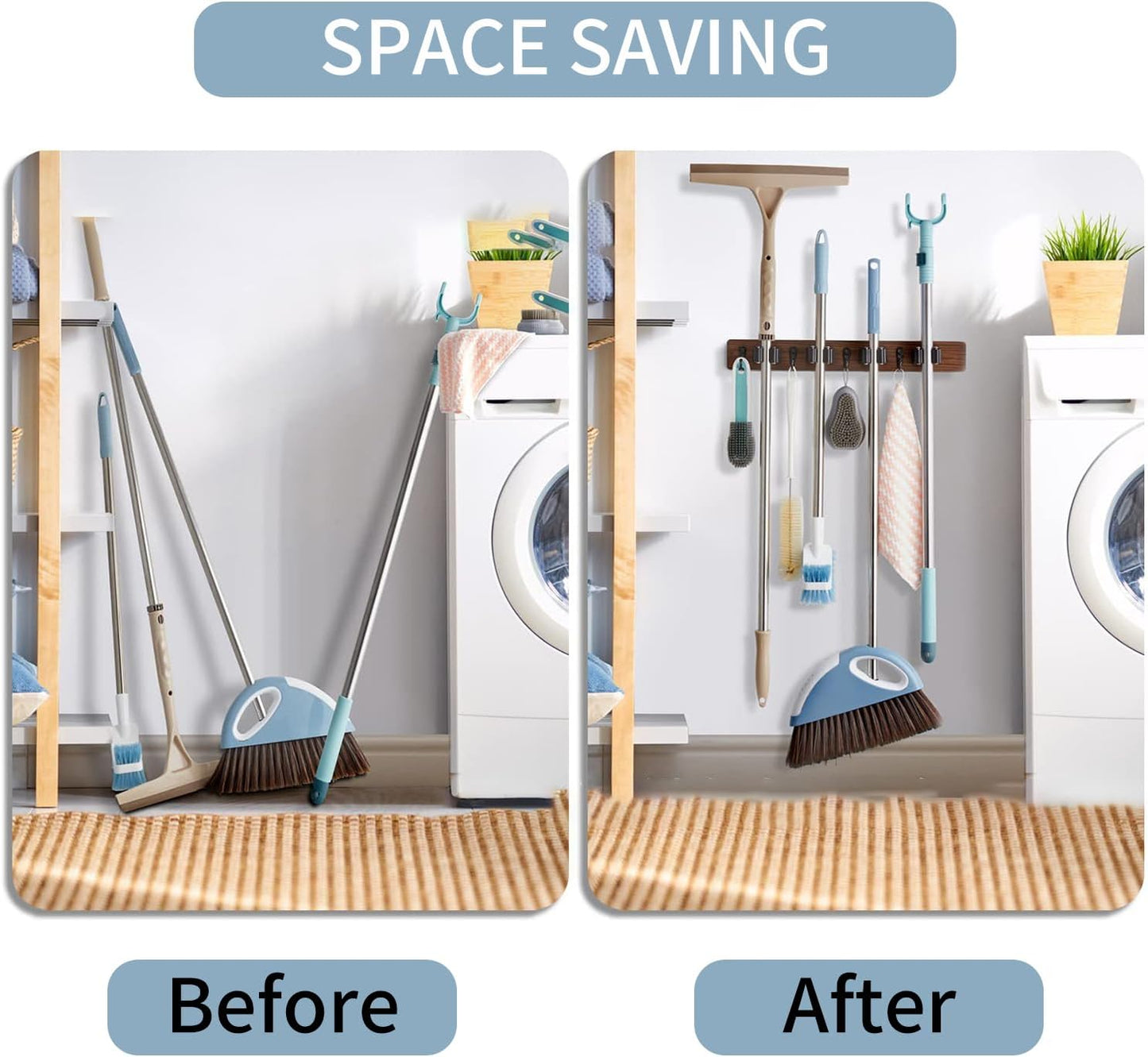 Right Pull Out Mop and Broom Holder, Rustic Wood Broom Hanger with 4 Slots and 4 Hooks for Home Décor, Kitchen, Laundry Room and Closet, Broom and Mop Organizer Wall Mount for Garage Organize
