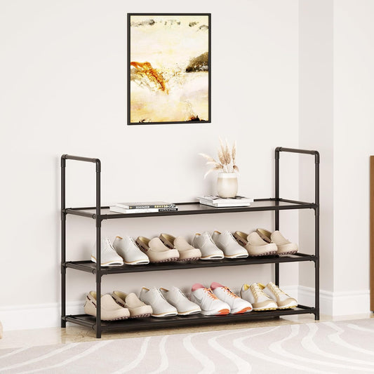 5 Tier Tall Shoe Rack Large Capacity, 34.5" Wide Entryway Shoe Organizer, Stackable Metal Frame Waterproof Nonwoven Shelves, Holds 20-25 Pairs, Space Saving Storage for Closet Hallway Garage, Black