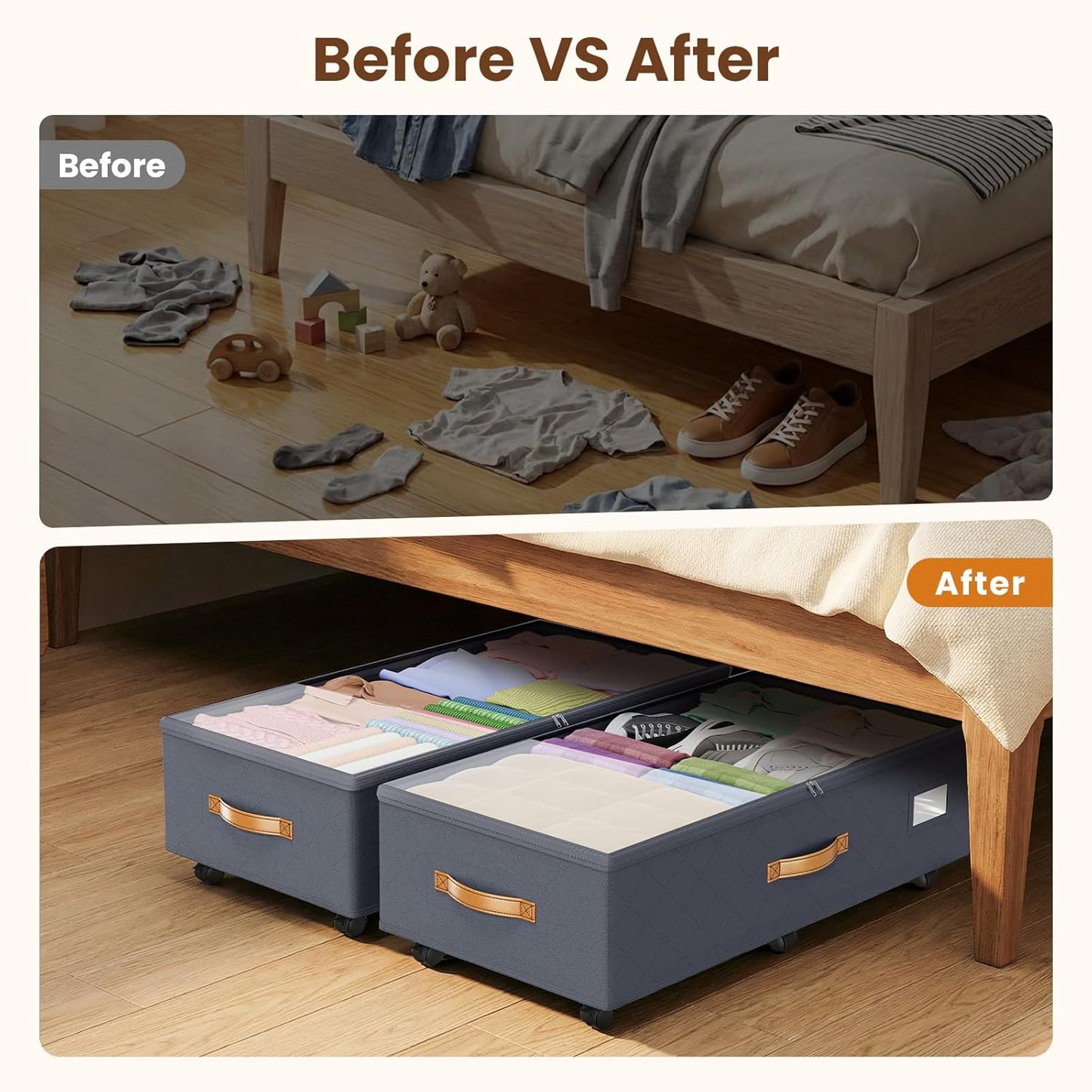 Budding Joy 80L 2 Pack Adjustable Under Bed Storage with Wheels | Underbed containers with clear lids, rolling under bed shoe storage organizer for dorm home clothes, blankets, toys, black
