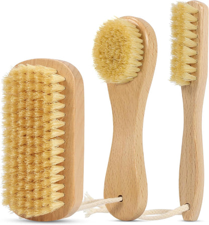 DEBETOOL 3-Piece Wooden Laundry Brush for Stains on Clothes - Gentle Boar Bristle Laundry Scrub Brush Stain Remover for Delicate and Everyday Fabrics