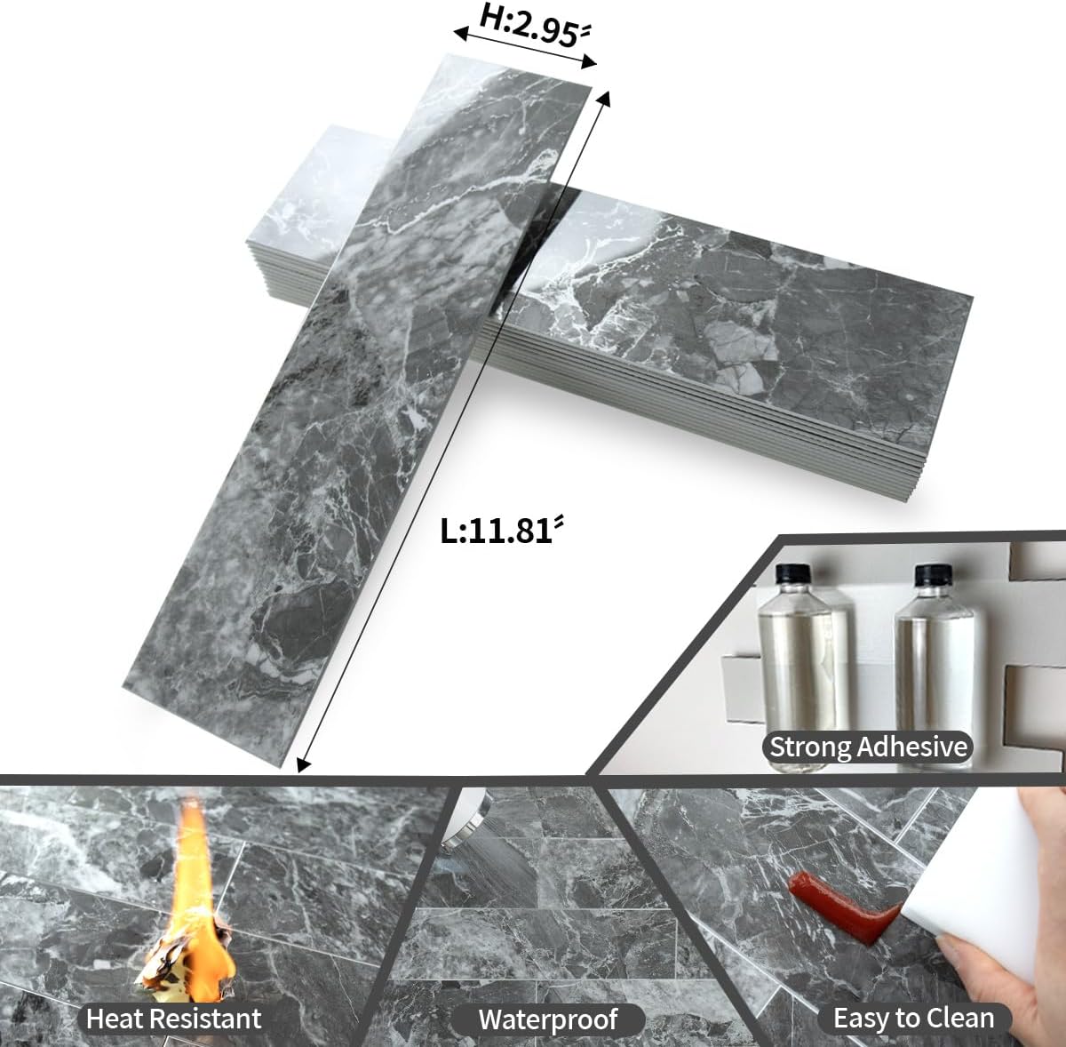 AULIGET 40-Piece Polished White Marble with Gold Peel and Stick Backsplash Wall Tiles, 3" x 12" PVC Faux Stone Stick on Tiles for Backsplash Kitchen, Bathroom, Laundry Room, Camper, Fireplace