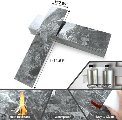AULIGET 40-Piece Polished White Marble with Gold Peel and Stick Backsplash Wall Tiles, 3" x 12" PVC Faux Stone Stick on Tiles for Backsplash Kitchen, Bathroom, Laundry Room, Camper, Fireplace