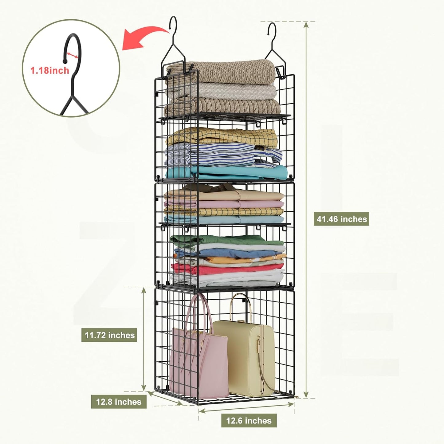 X-cosrack Closet Hanging Organizer Shelves - 5 Tier Wardrobe Organizers and Storage Bin, Hanging Organizer Shelves, Clothes Shelf with Adjustable Dividers for Bedroom Closet Sweater Shoes Handbag