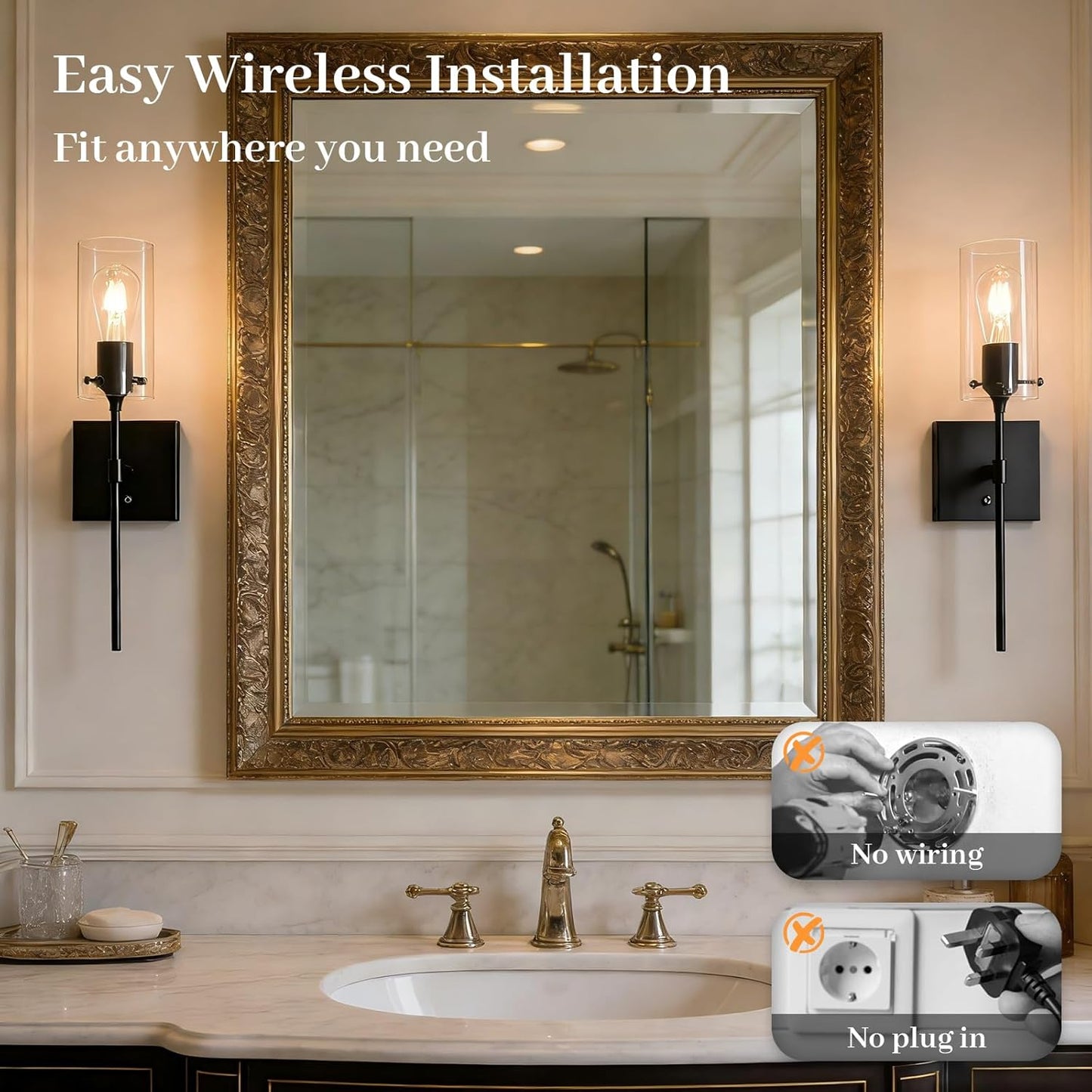 Wireless Wall Sconces with Remote Control, Black Battery Operated Wall Sconces Set of 2, Rechargeable Dimmable Wall Light for Bedroom Living Room Bathroom Hallway Entryway Stairwell,3 Colors