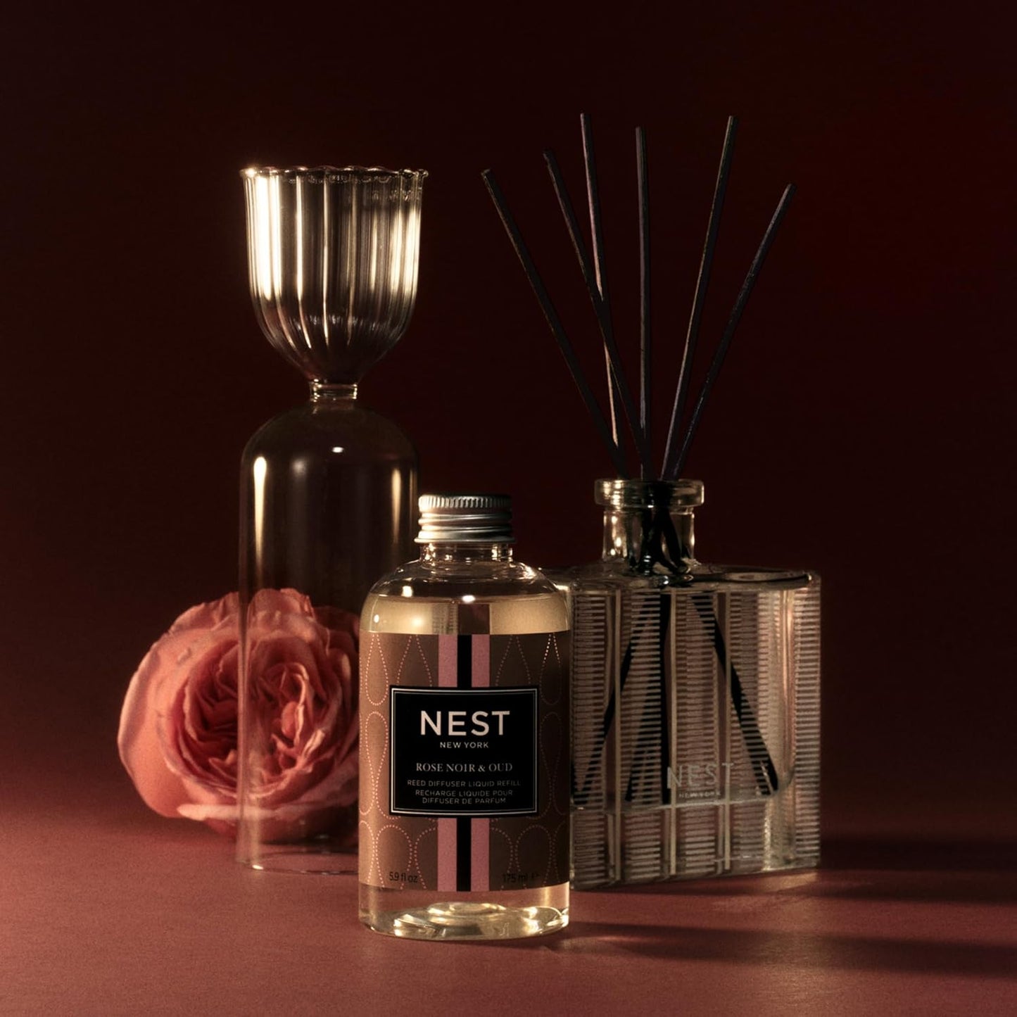 NEST New York Reed Diffuser, Moroccan Amber - 5.9 fl oz - Fragrance for Up to 90 Days - Reusable, Refillable Glass Holder - Includes 8 All-Natural Reed Sticks - Flame Free