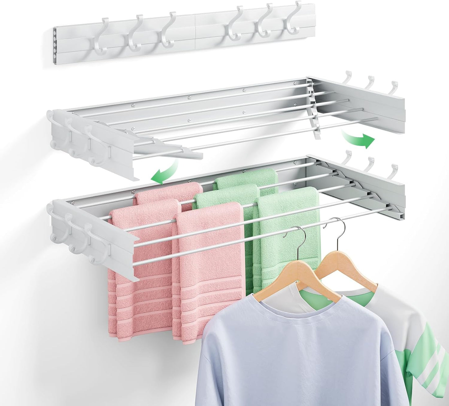 Foldable Wall Mounted Space-Saving Drying Rack, 23.5 In Rustproof Stainless Steel Laundry Hanger with 50 Lbs Heavy Duty Reinforced Rods for Wet Towels & Heavy Clothes, Fits Apartment Bathroom RV,White
