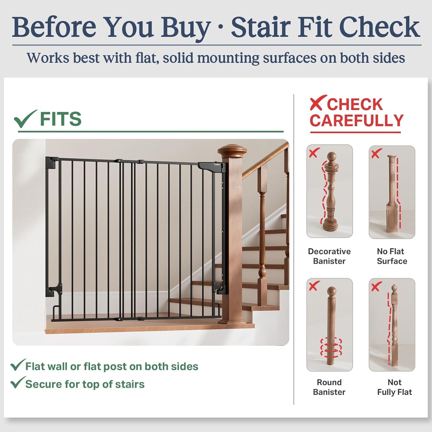 Cumbor 29.2–43" Baby Gate for Stairs, Hardware Mounted (Drill Required), Expandable No Bottom Bar Dog Gate, Auto Close Extra Wide Walk Thru, Pet & Toddler Proof Gate, Top & Bottom of Stairways (White)