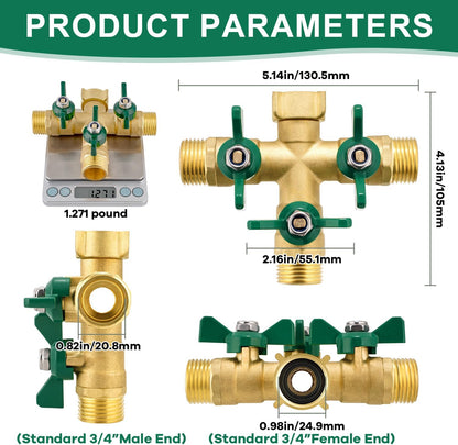 Garden Hose Splitter 2 Way, Heavy Duty Brass Hose Splitter, 3/4" GHT Hose Y Splitter with Shutoff, Full Flow Outdoor Faucet Splitter, Water Hose Y Valve Tap Adapter