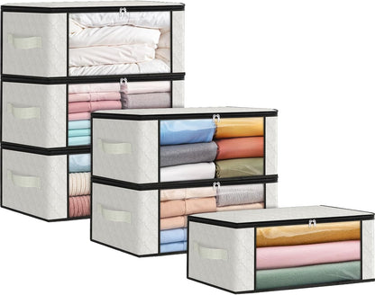 Fab totes 6 Pack Storage Bags for Clothes and Blanket, Foldable Closet Organizers and Storage with Zippers, Clear Window and Handles, Fabric Storage Bins for Sweater, Comforter, Bedding,Linen Sheets