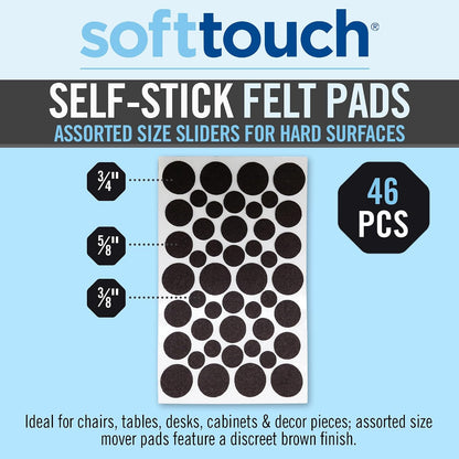 SoftTouch 1.5" Round Reusable Felt Furniture Sliders for Hard Surfaces, Noise-Reducing Adhesive Moving and Protective Pads for Cabinets, Chairs, Tables & Decorative Items Set of 48, Brown