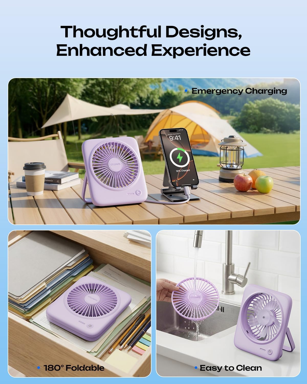Otlonpe Personal Portable Desk Fan, 4000mAh Small Rechargeable Portable Fan Battery Operated & USB Powered for Travel Sleeping Bedroom Office Home Table, Cordless, Quiet, 4-Speed, 6.5 Inch (Black)