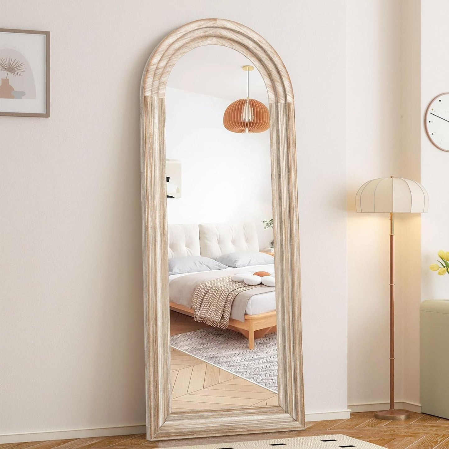 71x32 Inch Arched Full Length Mirror with Solid Wood Frame Wall Mounted Floor Mirror, Vertical Hanging Leaning Standing Mirror for Living Room, Bedroom, Entryway, Brown