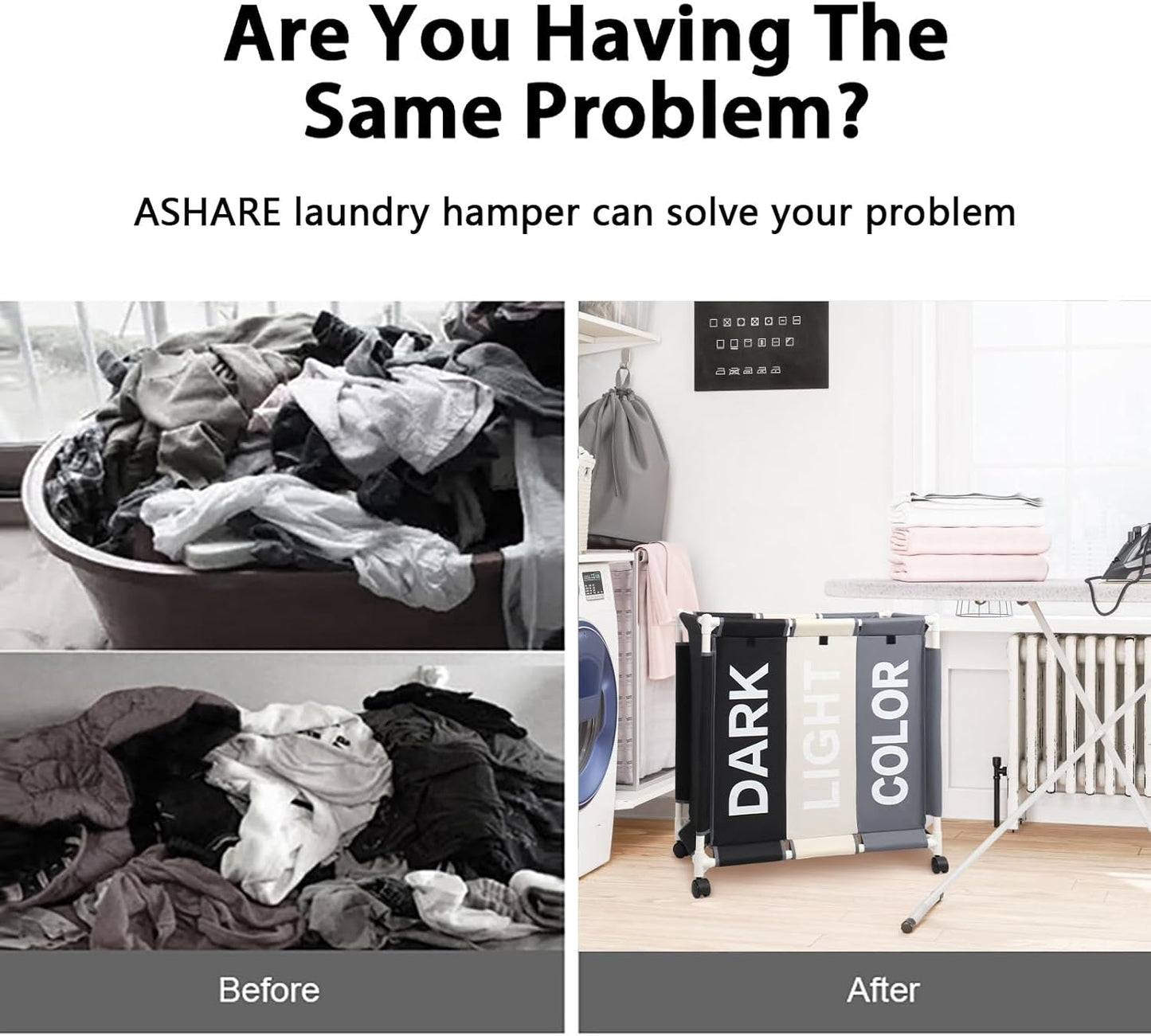 Laundry Basket 3 Section Freestanding Laundry Hamper Dirty Clothes Basket Sorter with Lid and Rolling Wheel, White+Dark+Grey