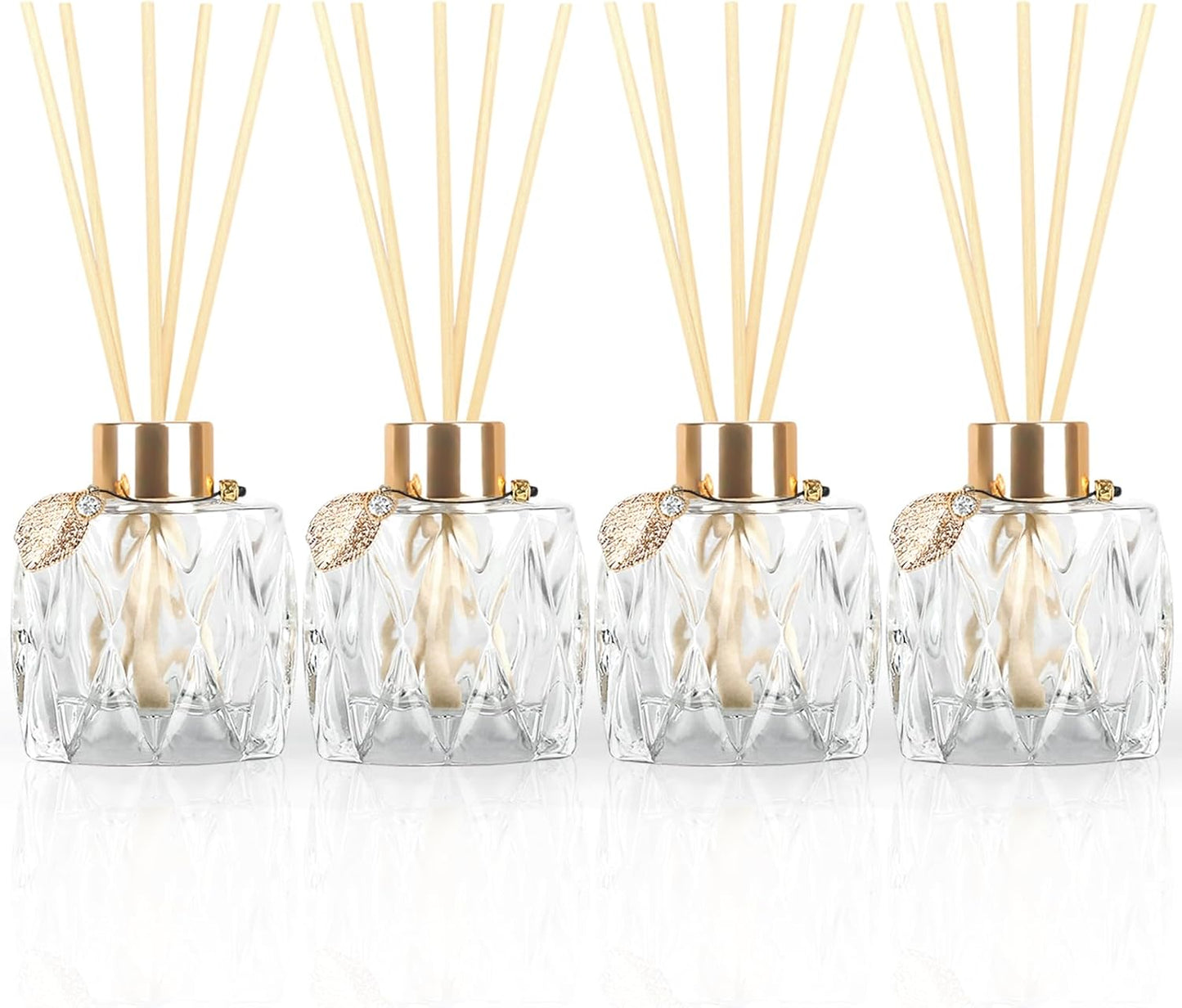 4-Piece Reed Diffuser Set with Metal Golden Decoration, 3.5-4.2oz Empty Bottles and 20 Reed Sticks, Unique Design for Home and Office (4 Different Bottles)