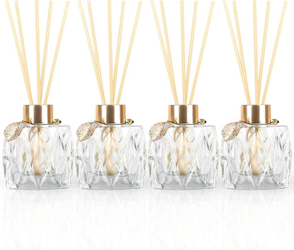 4-Piece Reed Diffuser Set with Metal Golden Decoration, 3.5-4.2oz Empty Bottles and 20 Reed Sticks, Unique Design for Home and Office (4 Different Bottles)