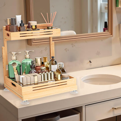 Banlilu Under Sink Organizer, Pull Out Cabinet Organizer, 2 Tier Slide Out Sink Shelf Cabinet Storage Shelves, Storage for Kitchen Bathroom, Natural Premium Bamboo Wood