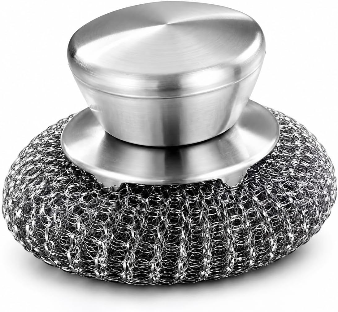 Stainless Steel Scrubber with Handle BBQ Grill Scrubber for Pots Pans and Dishes Non-Scratch Kitchen Metal for Tough Stains Scrubbing Tool 3.54X2.16X2.16In