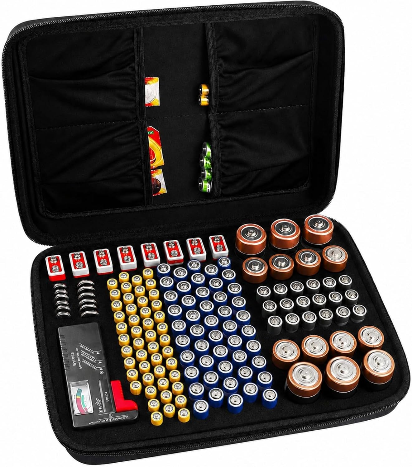Comecase Battery Storage Case with Tester, Holds 148+ AA AAA C D 9V, Black | Hard-Shell Design, Carry Handle and Custom Foam Slots Keep Batteries Visible, Separated and Ready for Home, Garage or Office